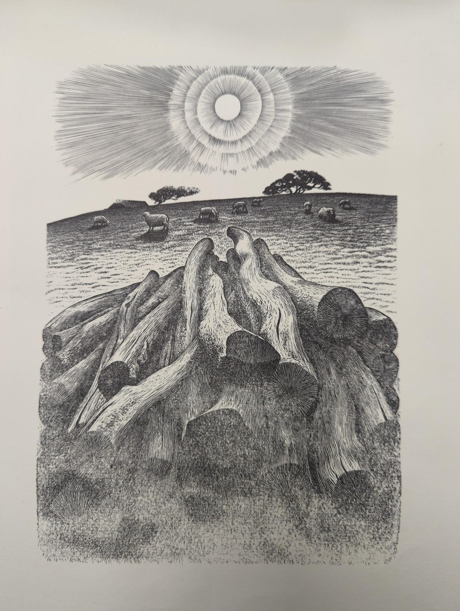 Michael Renton (1934-2001), wood engraving, 'The Manor House', signed, 18/50, 13 x 19cm, and an unsigned print of sun rising over the downs, 25 x 18cm, and another 'The Landgate, Rye'